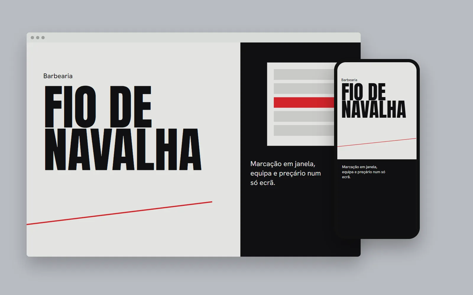 Ecrã de entrada do site-conceito Barbearia Fio de Navalha, em computador e telemóvel